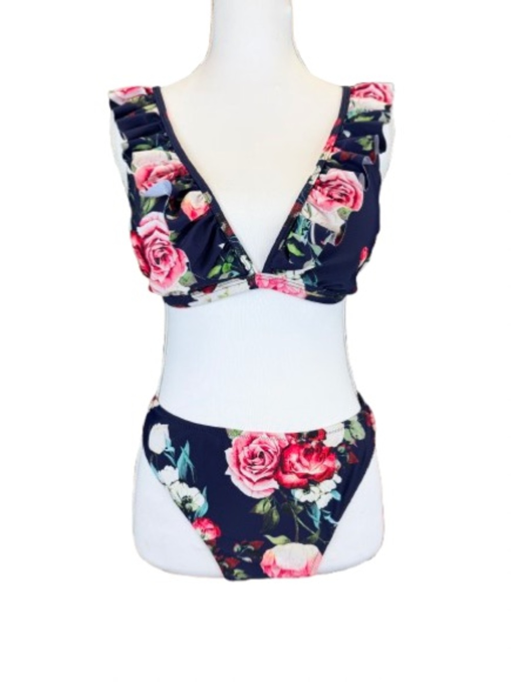 Cupshe XXL Floral Bikini Set Navy Rose Print Ruffle Plunge High Cut Swim Beach